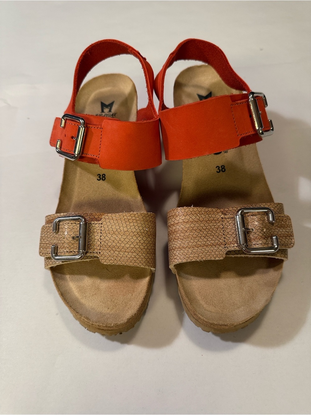 Mephisto Coral and Tan Two-Strap Buckle Sandals